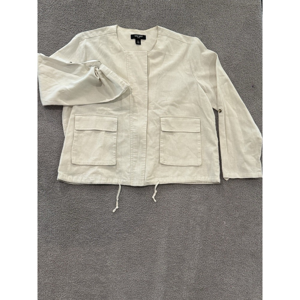 Nine West Jeans Jacket Women's Large Beige Linen Blend Utility Zip Front Drawstr